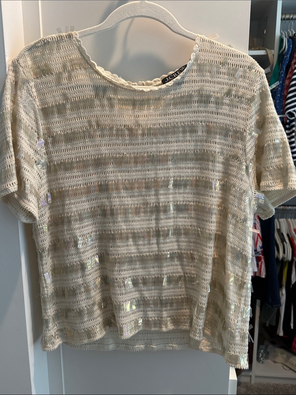J. Crew Cream Open-Knit Sequin Short-Sleeve Top